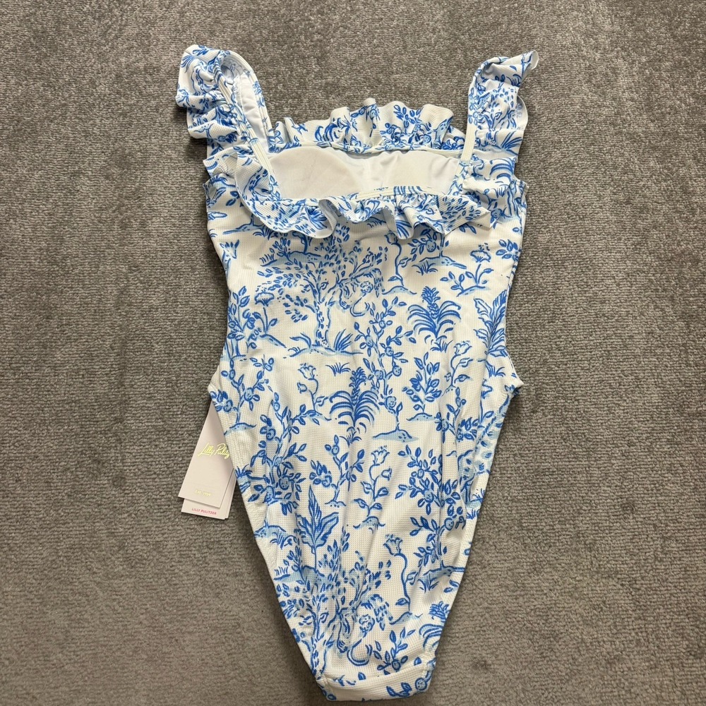 NWT Lilly Pulitzer Size 8 Aemma Ruffle Swim Suit White Blue Tall Tales Giraffe - Picture 5 of 13